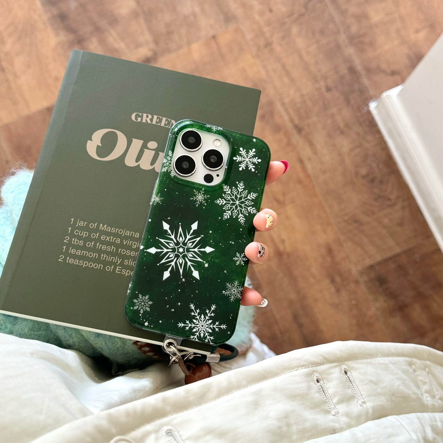 Cute Phone Cases For iPhone 16, 15, 14, 13 Pro Max - Vintage Glittering Green Snowflakes - Fluffy Dangle Chic Back Cover - PC9430 - Touchy Style
