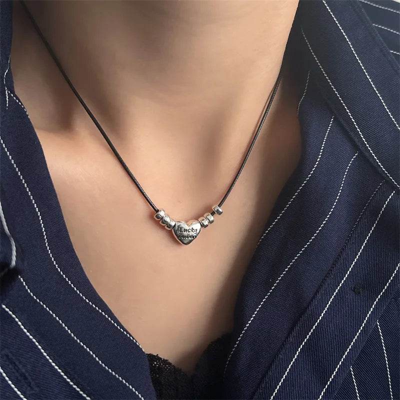 PANJBJ 925 Sterling Silver Love Heart Necklace for Women Girl Letter Bead Oil Wax Rope Trend Punk Adjustable Gift Dropshipping - Touchy Style
