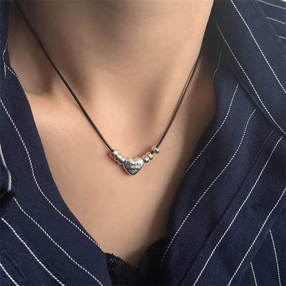 PANJBJ 925 Sterling Silver Love Heart Necklace for Women Girl Letter Bead Oil Wax Rope Trend Punk Adjustable Gift Dropshipping - Touchy Style