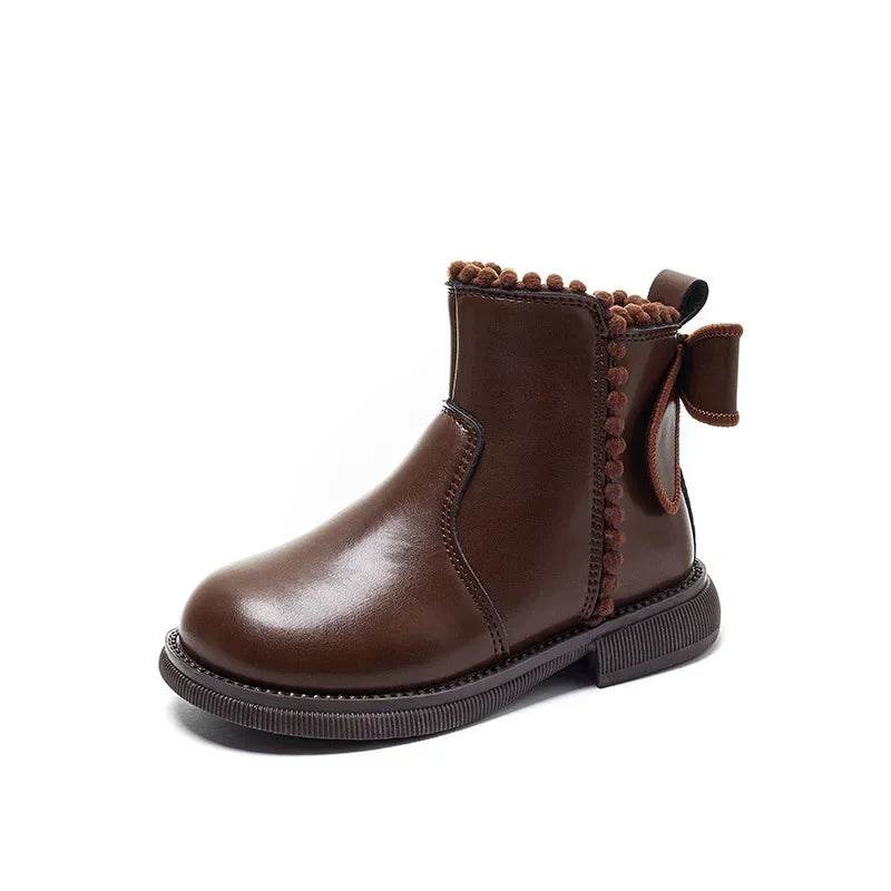 Cute Pompom PU Leather Kids Ankle Boots Super Warm Velevt Winter Shoes Girl Low Heel Fashion Butterfly-knot Student Shoes G10234 - Touchy Style
