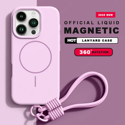 New Magnetic Lanyard Phone Case For iPhone 15 14 16 Plus 11 12 13 16 Pro Max Magsafe Liquid Silicone Strap Protector Soft Cover