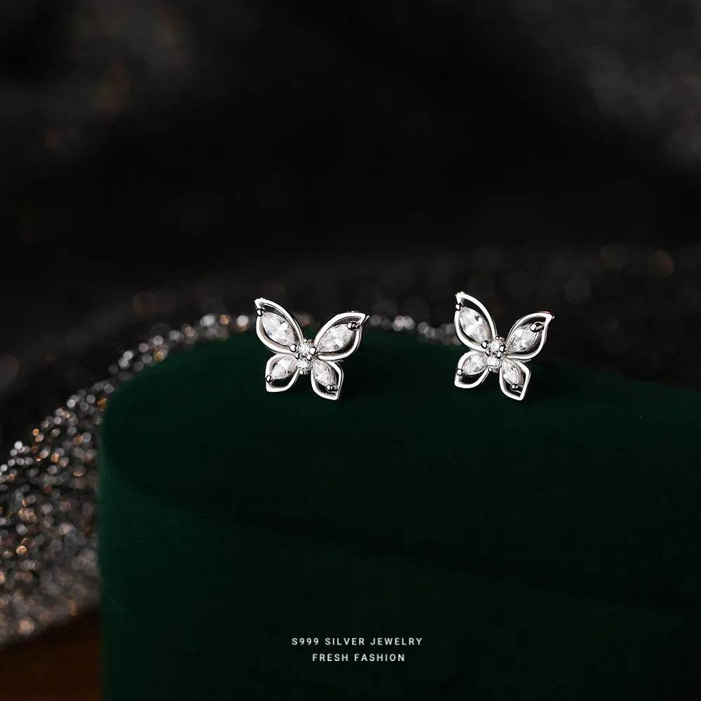 Real 999 Sterling Silver Fashion Romantic Delicate Zircon Butterfly Stud Earrings For Women Wedding Fine Jewelry - Touchy Style