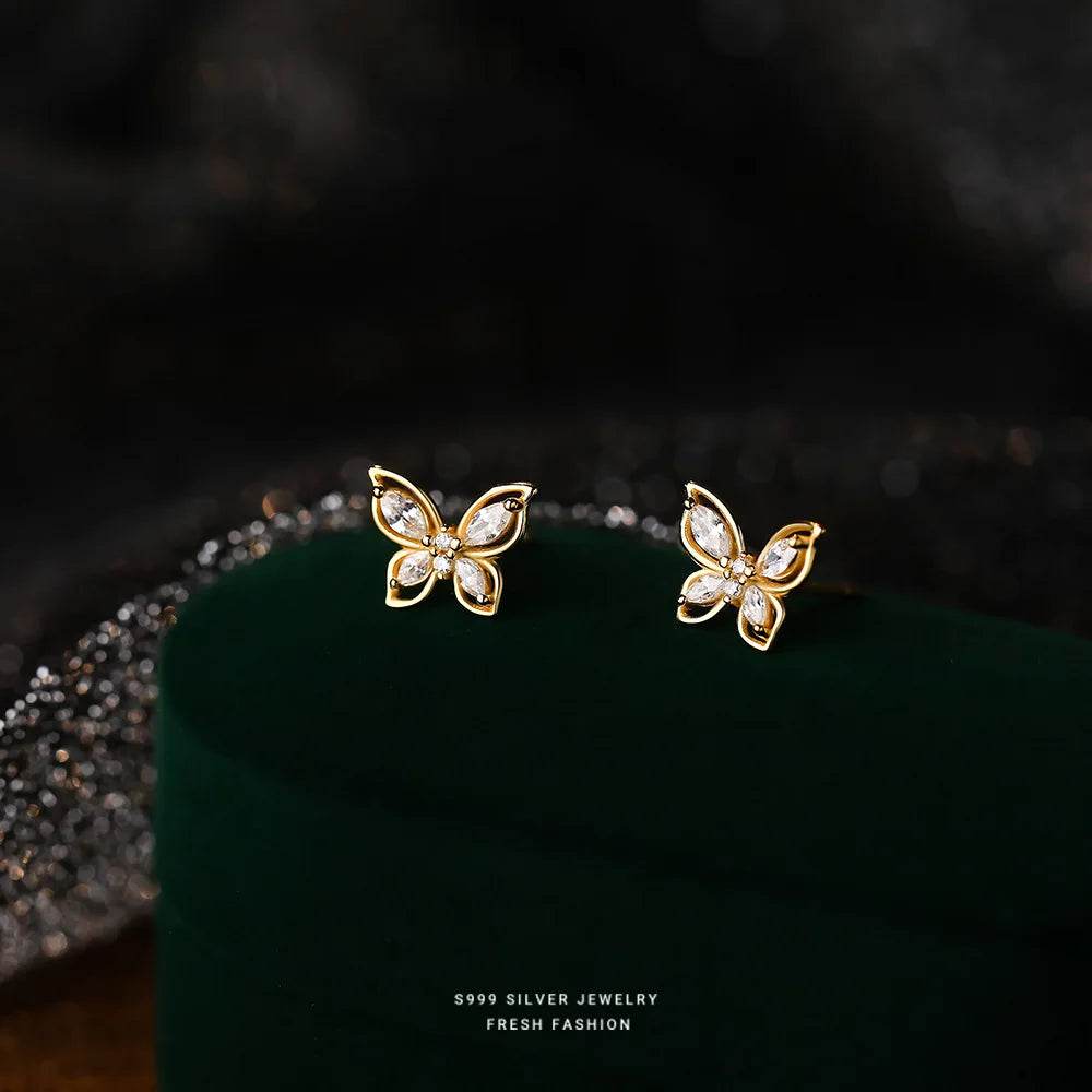 Real 999 Sterling Silver Fashion Romantic Delicate Zircon Butterfly Stud Earrings For Women Wedding Fine Jewelry - Touchy Style