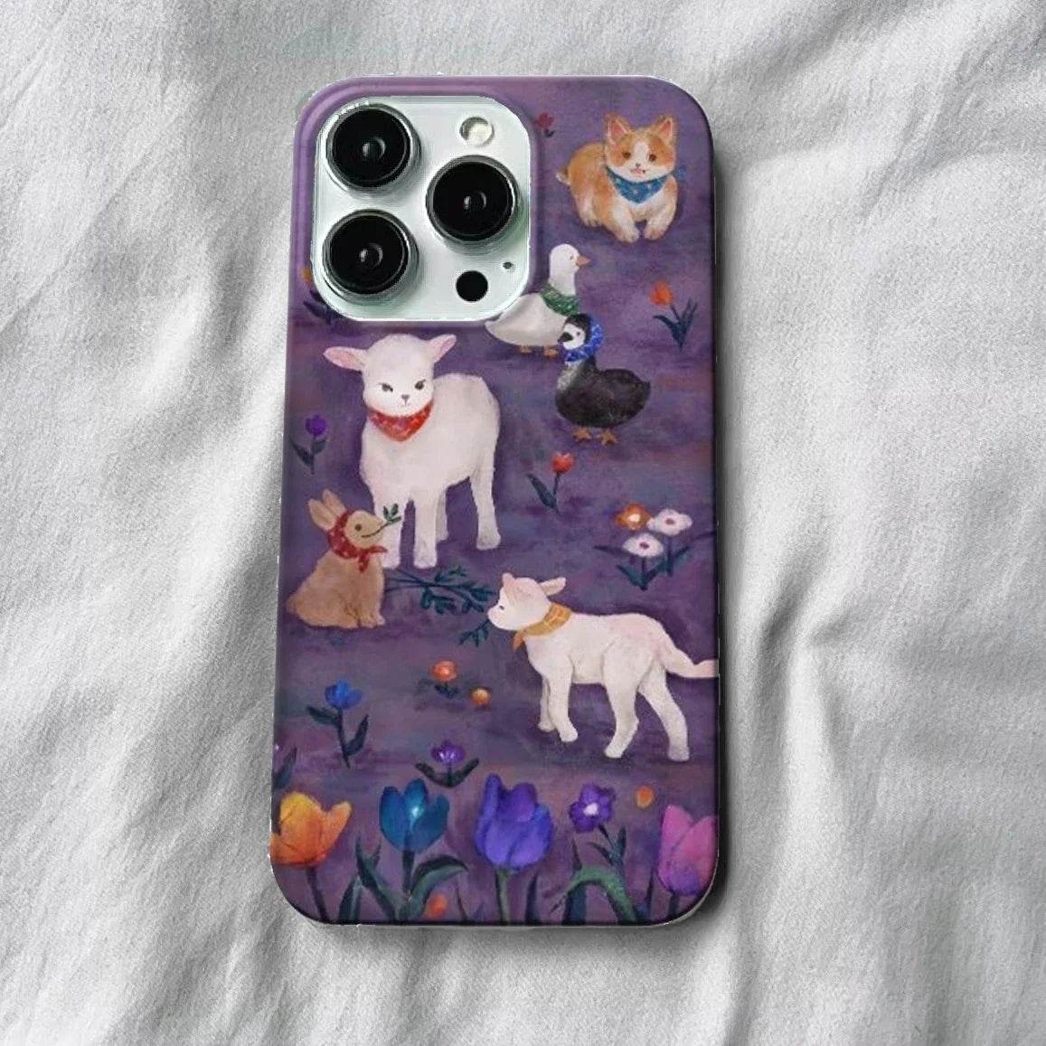 Cute Phone Cases For iPhone 16, 15 PRO MAX, 14 PRO, 13 PRO MAX, 15, 15 PLUS - Cartoon Lamb Pattern - Acrylic Hard Cover - IC2001 - Touchy Style