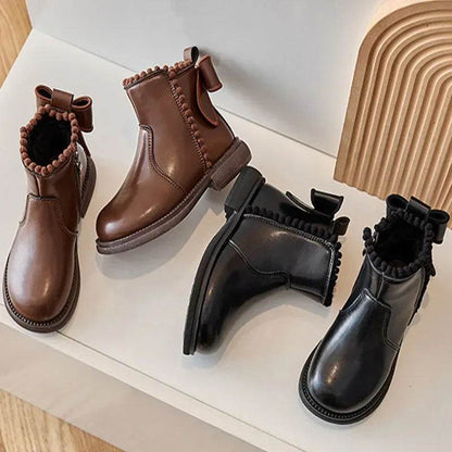 Cute Pompom PU Leather Kids Ankle Boots Super Warm Velevt Winter Shoes Girl Low Heel Fashion Butterfly-knot Student Shoes G10234 - Touchy Style