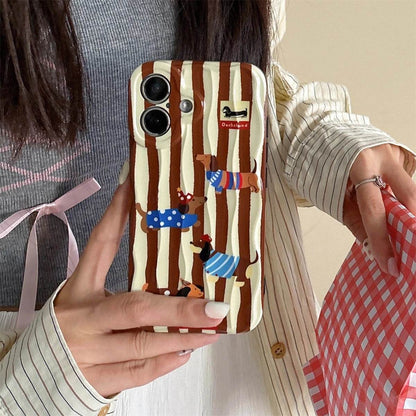 Cute Phone Cases For iPhone 16, 15, 14, 13, 12 Pro Max - Cartoon Dachshund Dog - Stripes 3D Wavy Soft Cover - PC5520 - Touchy Style