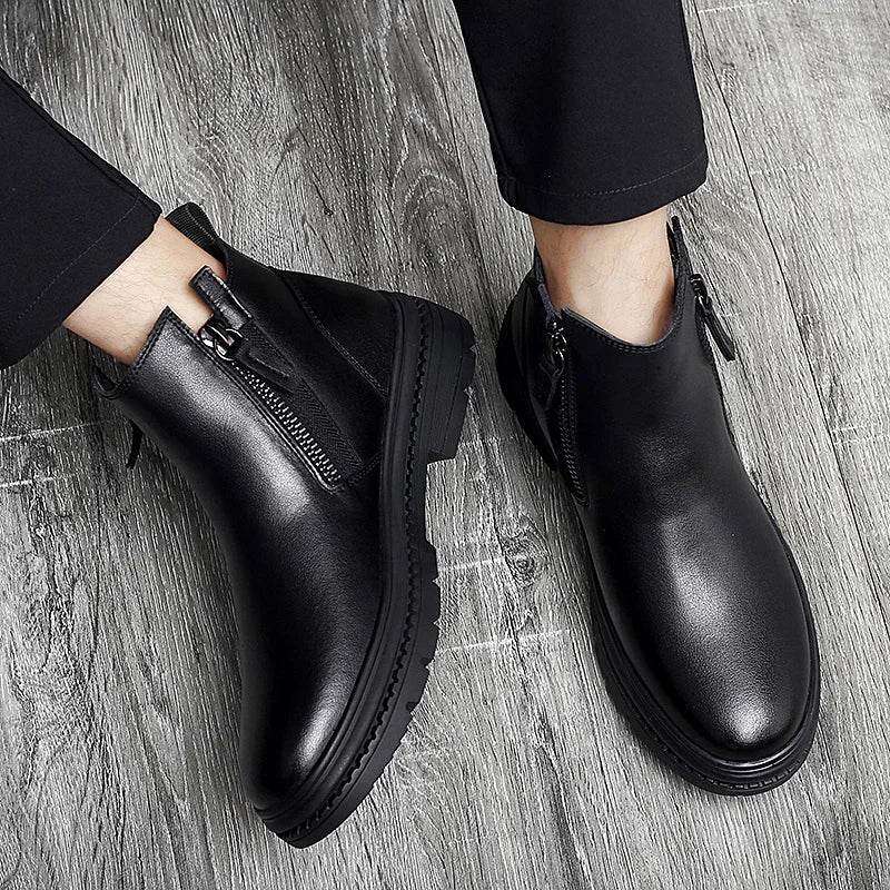 Classic Side Zipper Mens Leather Boots Autumn Winter Male Ankle Boots Comfy Non-Slip Motorcycle Boots Warm Winter Shoes for Men - Touchy Style