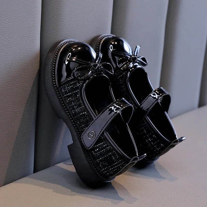 Girls Patchwork Black Leather Shoes Autumn Butterfly-knot Lolita Children Mary Janes Elegant Round Toe Comfort Kids Shoes H07164 - Touchy Style