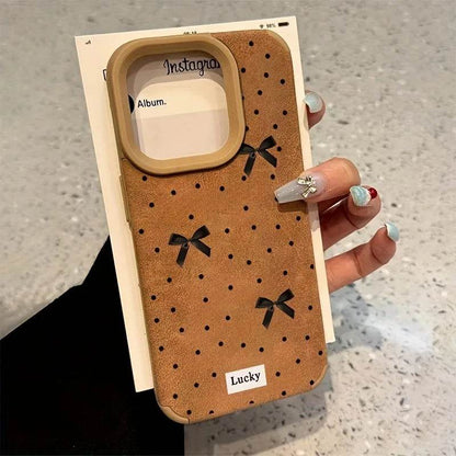 Cute Phone Cases For iPhone 16 15 14 Pro Max XS X XR 11 12 13 15 16 Plus - Simple Hearts Dots Bow Pattern - Leather Cover - Touchy Style