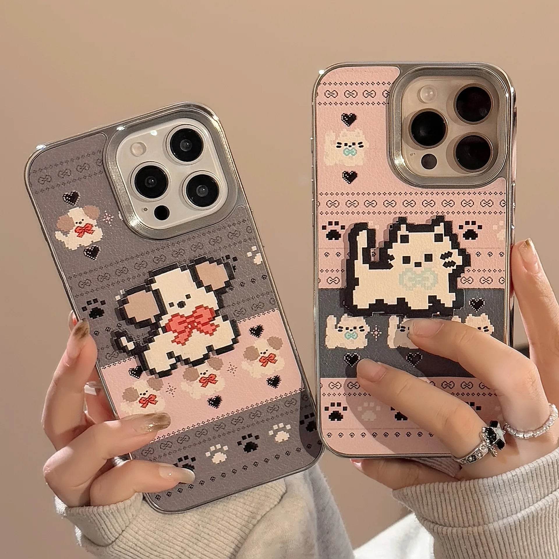 Cute Phone Cases For iPhone 16, 15, 14, 13, 12, 11 Pro Max - Pet Cat, Puppy Pixel Stick Plating Art - IC4050 - Touchy Style