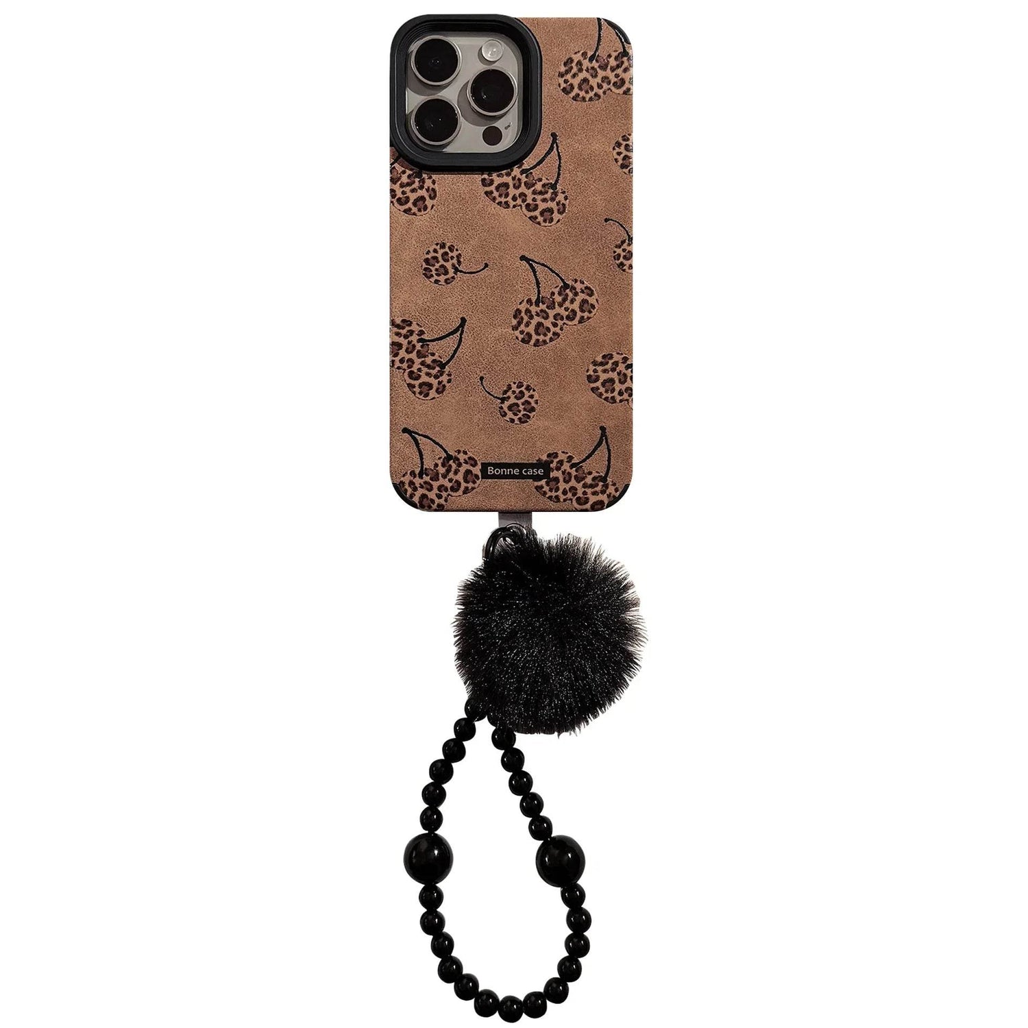 Sexy coffee leopard print cherry art suede Phone case For iPhone 16 15 14 13 12 11 Pro Max Case Cartoon Plush ball pendant Cover - Touchy Style