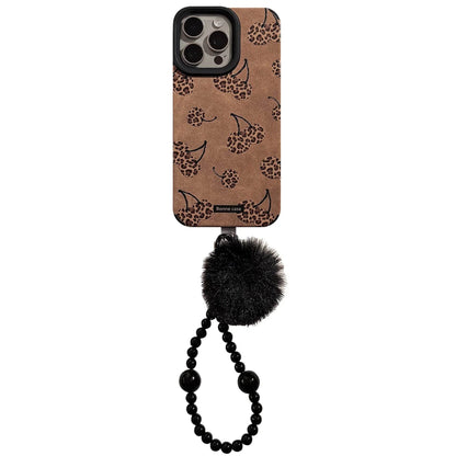 Sexy coffee leopard print cherry art suede Phone case For iPhone 16 15 14 13 12 11 Pro Max Case Cartoon Plush ball pendant Cover - Touchy Style