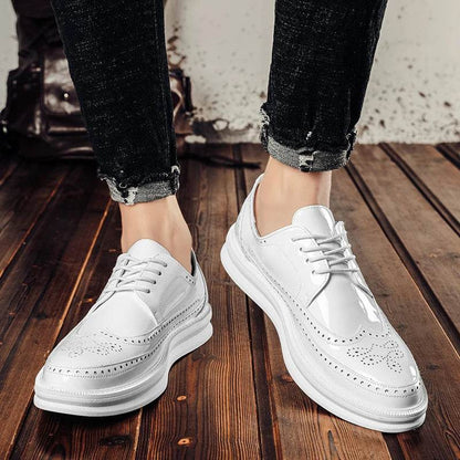 Fashion Derby Leather Men Shoes White Brogue Lace Up Solid Simple Dress Business Casual Party Wedding Flat Shoes For Man - Touchy Style