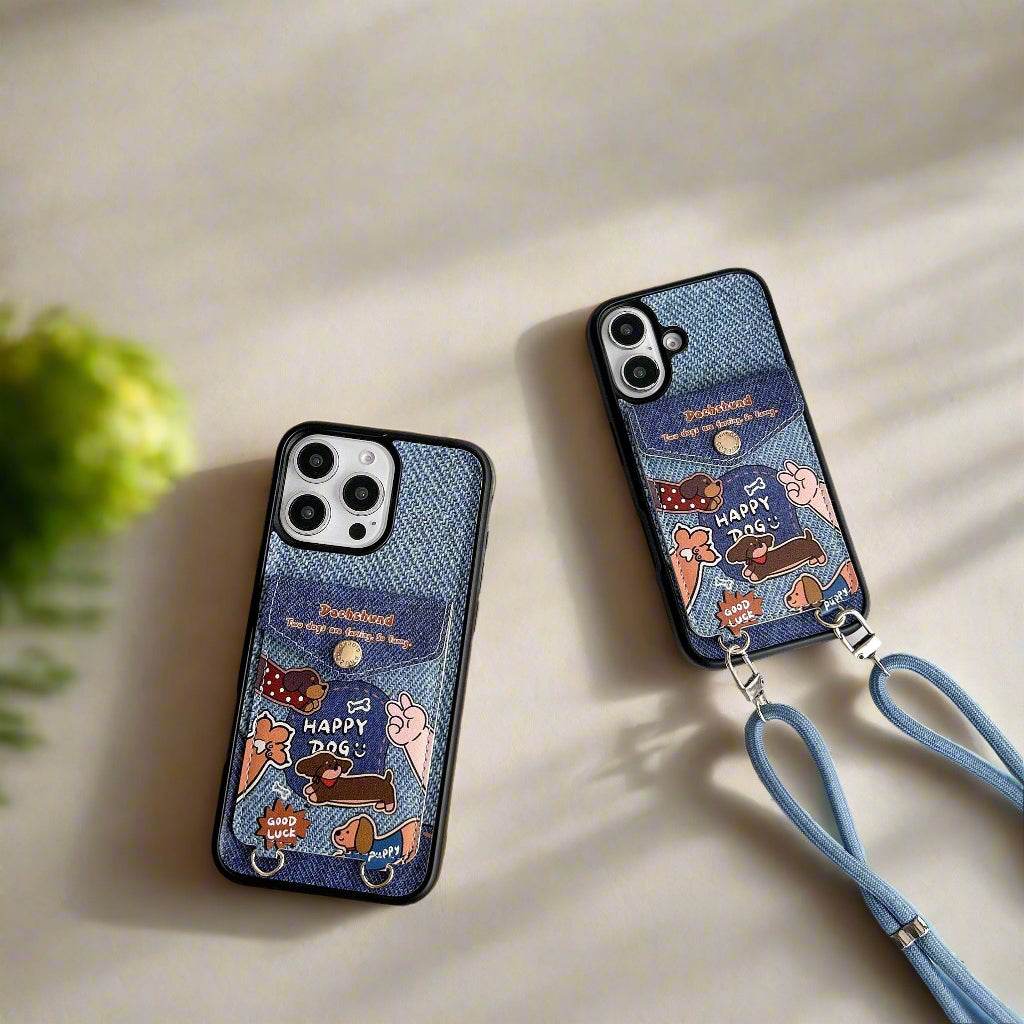 Cute Phone Cases For iPhone 16, 15, 14, 13 Pro Max - Denim Cloth Embroidery Cartoon Dog - PC5320 - Touchy Style