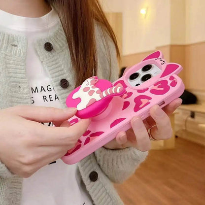 Cute Phone Cases - 3D Heart Leopard and Printed Cat Bracket - Cat Ears Kitten Camera Protection Cover - IC5021 - Touchy Style