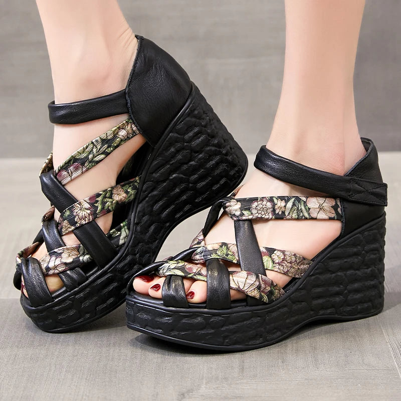 Retro Sandals Summer New Hook &amp; Loop Bohemian Genuine Leather Comfortable Thick Bottom Women&