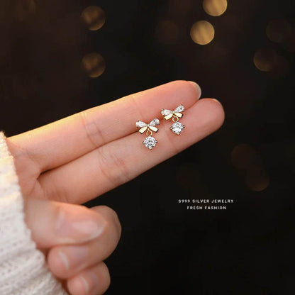 Real 925 Sterling Silver Fashion Romantic Delicate Zircon Bow Stud Earrings For Women Wedding Fine Jewelry - Touchy Style