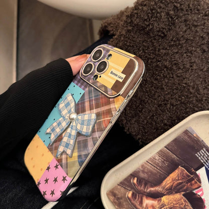 Cute Phone Cases iPhone 16, 15, 14, 13 Pro Max - Leather Texture Splicing Checker Bowknot Sticker Cover - PC3550 - Touchy Style