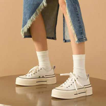 BEAUTODAY Canvas Shoes Women Split Leather Solid Color Spring Outdoors Lace-up Ladies Shoes Handmade 29248