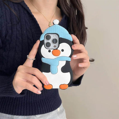 Cute Phone Cases For iPhone 16, 15, 14, 13, 11, 12 Pro Max - Funny 3d Plush Penguin and Puppy Silicone Cover - IC1021 - Touchy Style