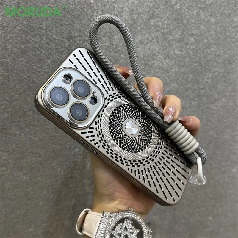 Luxury Wristband Lanyard Magnetic Case for iPhone 16 15 14 13 12 Pro Max 16 Plus Magsafe Hollow Out Heat Dissipation Slim Cover