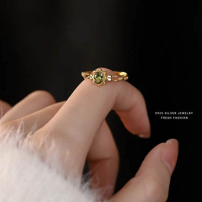 Real 925 Sterling Silver Olive Green Zircon Open Ring Cute Gift for Lady Mom Daughter Birthday Jewelry - Touchy Style
