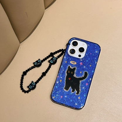 Cute Phone Cases For iPhone 16, 15, 14, 13 Pro Max - Glittering Blue Background Black Cat Pattern - Cover With Wrist Chain - PC6530 - Touchy Style