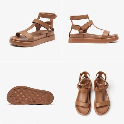BeauToday Gladiator Sandals Women Genuine Calfskin Leather Open Toe T-Strap Thick Sole Summer Ladies Shoes Handmade 07130S