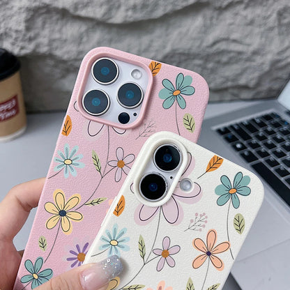 Luxury Leather Texture TPU Case For iPhone 16 15 14 13 12 Pro Max 13 15 Pro 11 Cartoon Flowers Pattern Soft Silicone Phone Cover - Cute Phone Cases