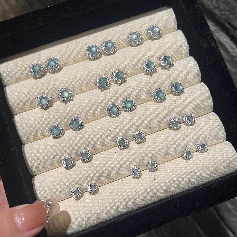 PANJBJ 925 Sterling Silver Blue Crystal Studs Earrings For Women Zircon Geometry Design Sweet Banquet Jewelry Gift Dropshipping - Touchy Style
