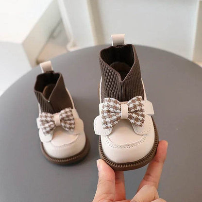 High Top Baby Girl Kintted Sock Shoes Houndstooth Buttefly-knot Toddler Boots for Kids Girls Elegant Newborn Autumn Shoes G09273 - Touchy Style