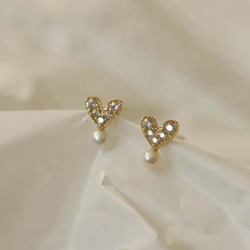 925 Sterling Silver 14k Gold Plated Stud Earrings Mock Pearl Zircon Heart Earrings for Women Elegant Temperament Jewelry - Touchy Style
