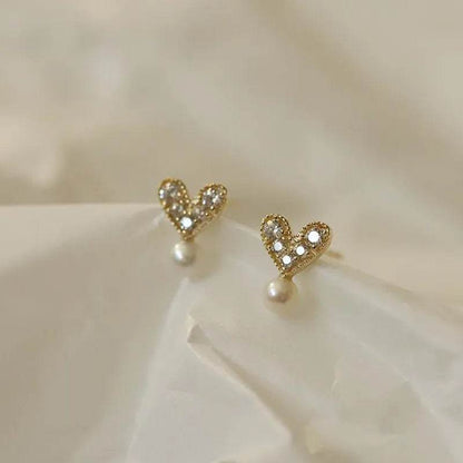 925 Sterling Silver 14k Gold Plated Stud Earrings Mock Pearl Zircon Heart Earrings for Women Elegant Temperament Jewelry - Touchy Style