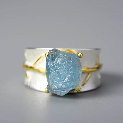 Lotus Fun Long Leaves Natural Aquamarine Gemstone Adjustable Rings for Women 925 Sterling Silver Original Luxury Fine Jewelry - Touchy Style