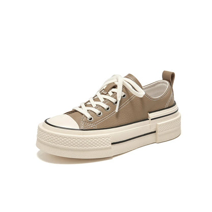 BEAUTODAY Canvas Shoes Women Split Leather Solid Color Spring Outdoors Lace-up Ladies Shoes Handmade 29248