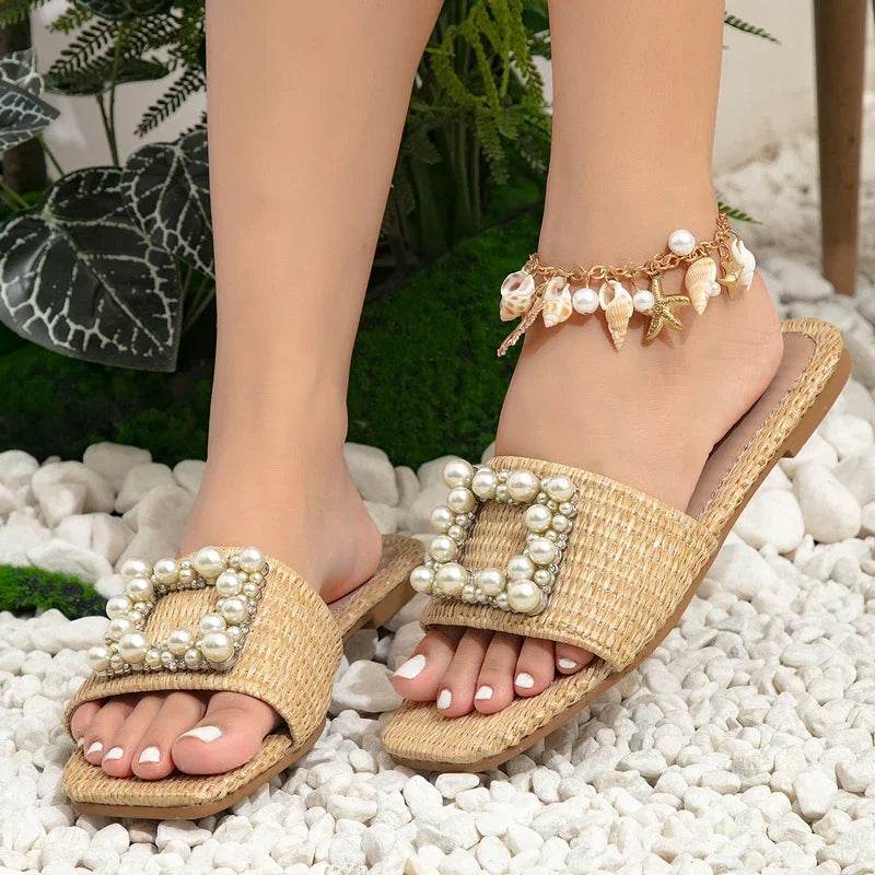Summer Women Slippers Fashion String Bead Square Toe Flat Heels Casual Outdoor Beach Shoes Ladies Sandals - Touchy Style