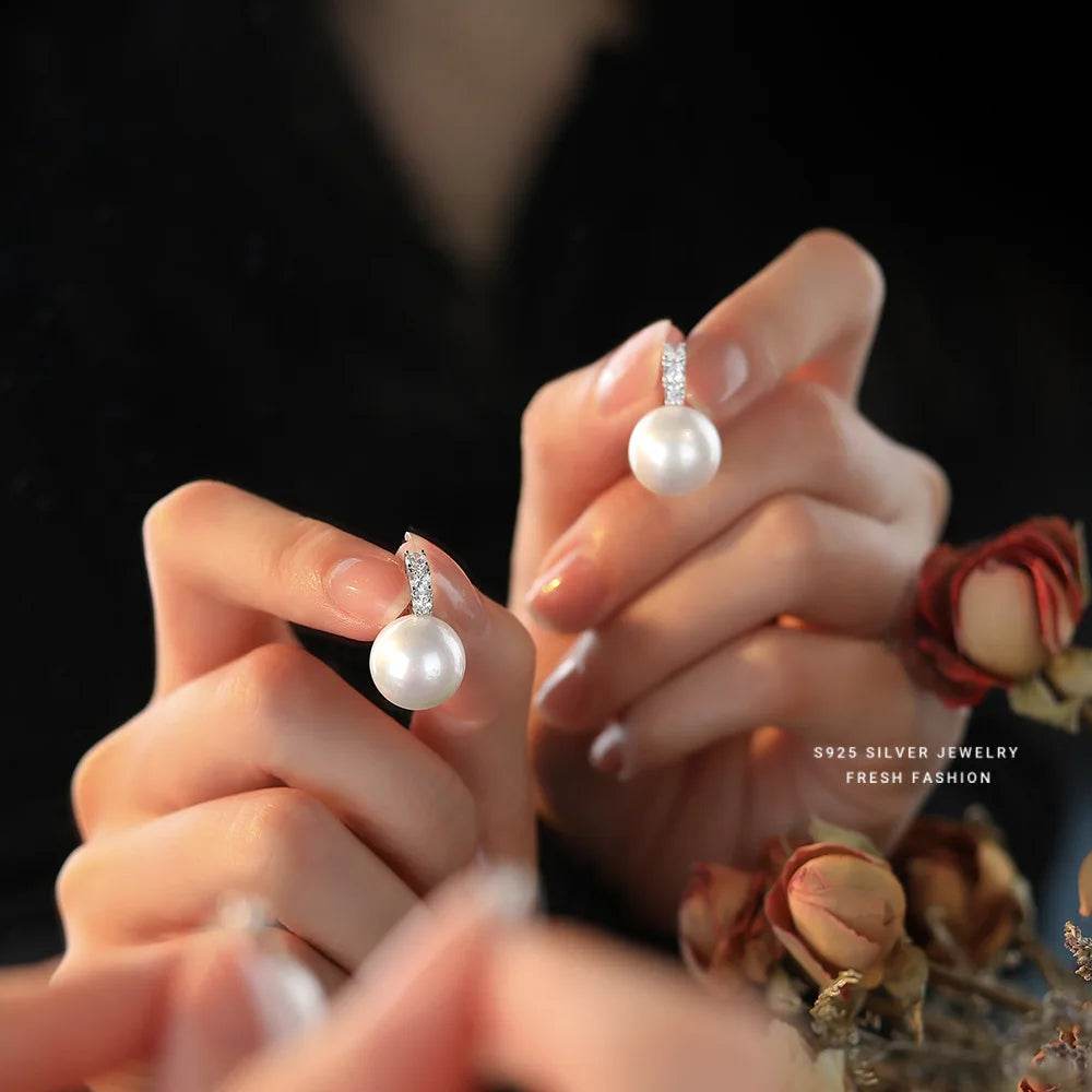 925 Sterling Silver Inlay Zircon Shell Pearl Earrings for Women French Light Luxury Temperament Elegant Jewelry - Touchy Style