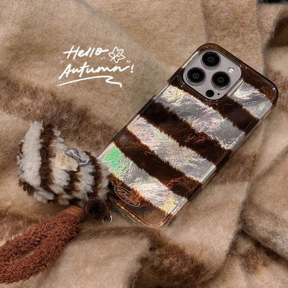 Cute Phone Cases For iPhone 16, 15, 14, 13 Pro Max - Creative Laser Brown Stripes with Fluffy Socks Wrist Band - PC6130 - Touchy Style