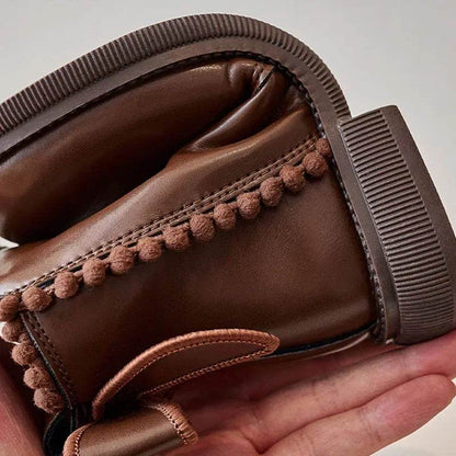 Cute Pompom PU Leather Kids Ankle Boots Super Warm Velevt Winter Shoes Girl Low Heel Fashion Butterfly-knot Student Shoes G10234 - Touchy Style