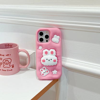 Cute Phone Cases - 3D Rabbit Folding Silicone Stand Cover for iPhone 15/14/13/12/11 Pro Max - TSP286