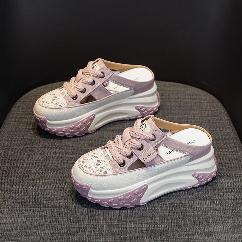 Genuine Leather Slippers Women Hollow Mules Summer Height Increasing Breathable Casual Shoes Wedges Platform Slip On Sneakers