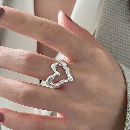 PANJBJ 925 Sterling Silver Love Herat Rings For Women Liquid Lava Hollow Out Design Fashion Versatile Jewelry Gift Dropshipping - Touchy Style