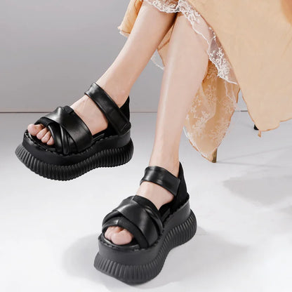 Summer New Thick Sole Peep Toe Platform Sandals Genuine Leather Vintage Comfortable Women&