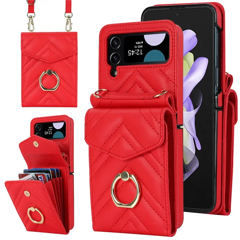 BCPC947 Cute Phone Cases for Galaxy Z Flip 5, Galaxy Z Flip 4, and Galaxy Z Flip 3 - Luxury Crossbody Leather Wallet Cover