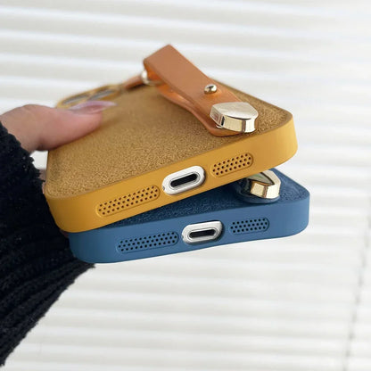 Leather Pattern Wrist Strap Case For iphone 16 15 14 13 12 11 Pro Max XR X Xs Max Luxury Shiny Color Shockproof Phone Cover