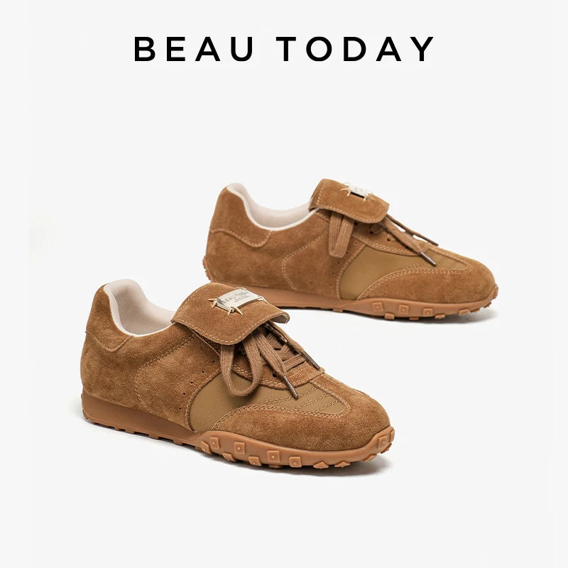 BEAUTODAY Fashion Trainers Women Cow Suede Sneakers Metal Buckle Leather Flats Lace Up Female Casual Shoes Handmade 29897