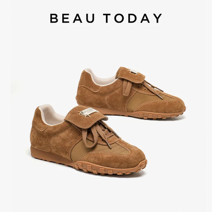 BEAUTODAY Fashion Trainers Women Cow Suede Sneakers Metal Buckle Leather Flats Lace Up Female Casual Shoes Handmade 29897