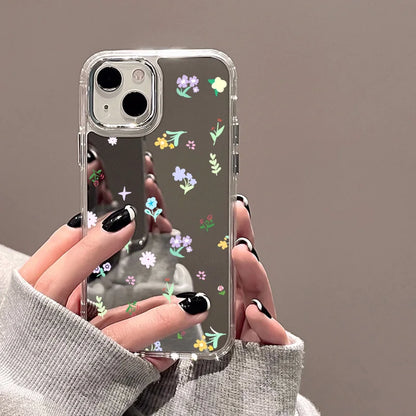 Flower Mirror Phone Case For iPhone 14 Pro Case for iPhone 13 11 12 15 16 Pro Max X XS XR Shockproof Silicone Cover Girl Shell
