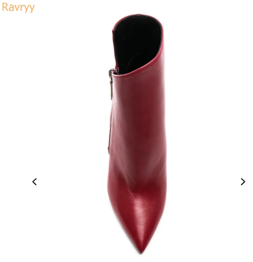 Red High Heel Wedges Women Boots Side Zipper Pointed Toe Sexy Fashion Ankle Boots Real Leather Spring Autumn Comfort Short Shoes