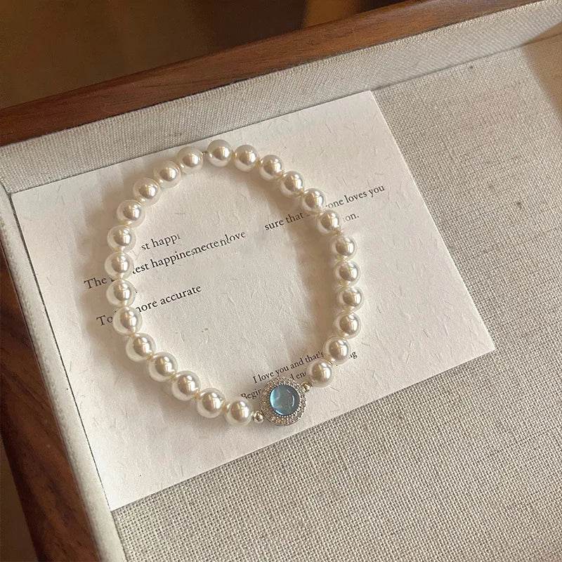 PANJBJ 925 Sterling Silver Blue Crystal Rings For Women Pearl Bead String Design Sweet Elastic Jewelry Gift Dropshipping - Touchy Style